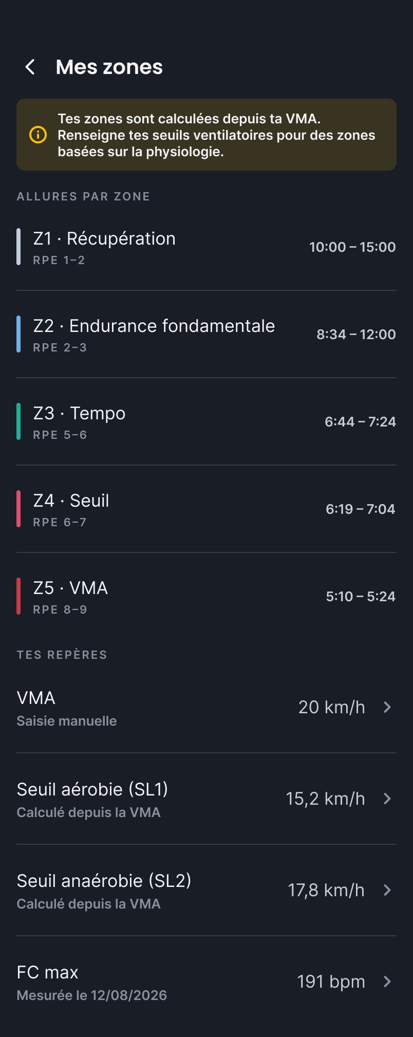 Les zones physiologiques dans l'application SORUN